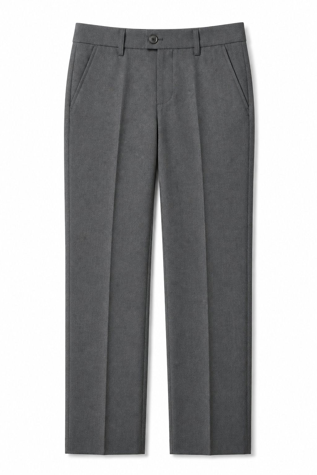 A pair of dark gray, straight-leg dress pants with a single button closure and belt loops, shown flat against a white background.