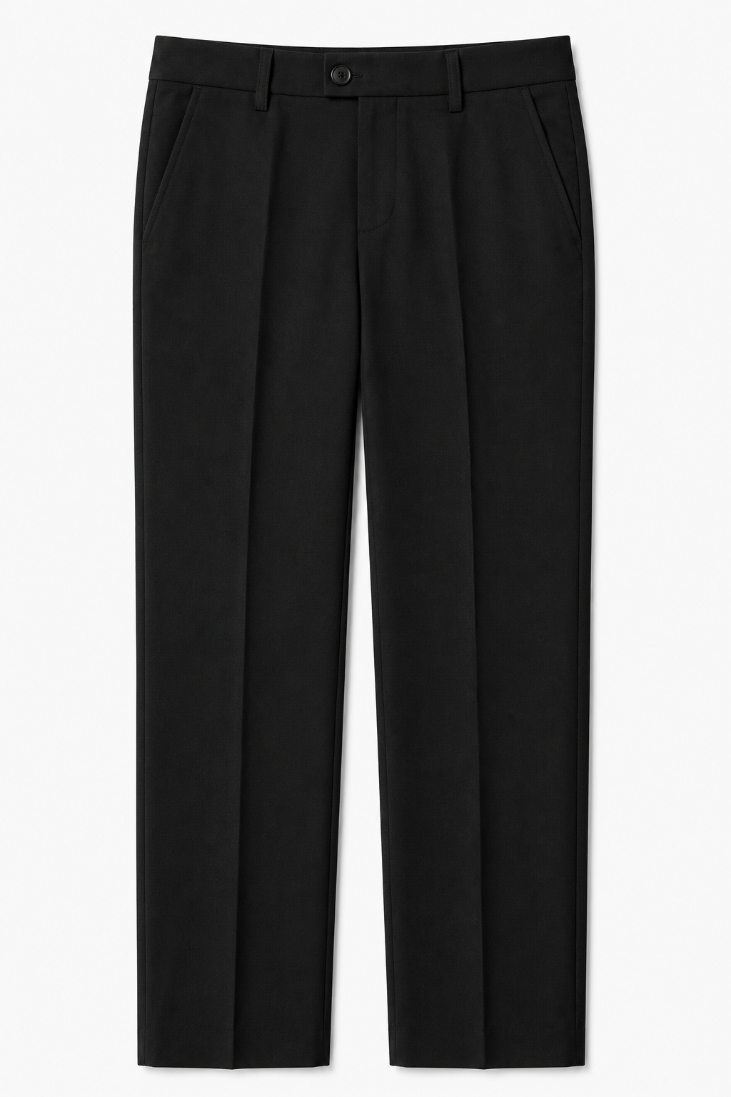 Black pleated trousers with a button closure at the waistband, displayed flat against a light gray background.