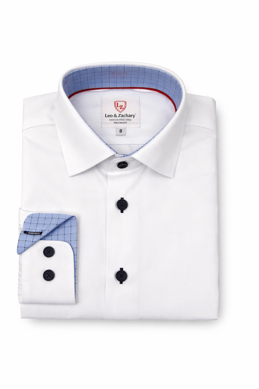 Folded white dress shirt with blue checkered interior and cuff, branded 'Leo & Zachary'.