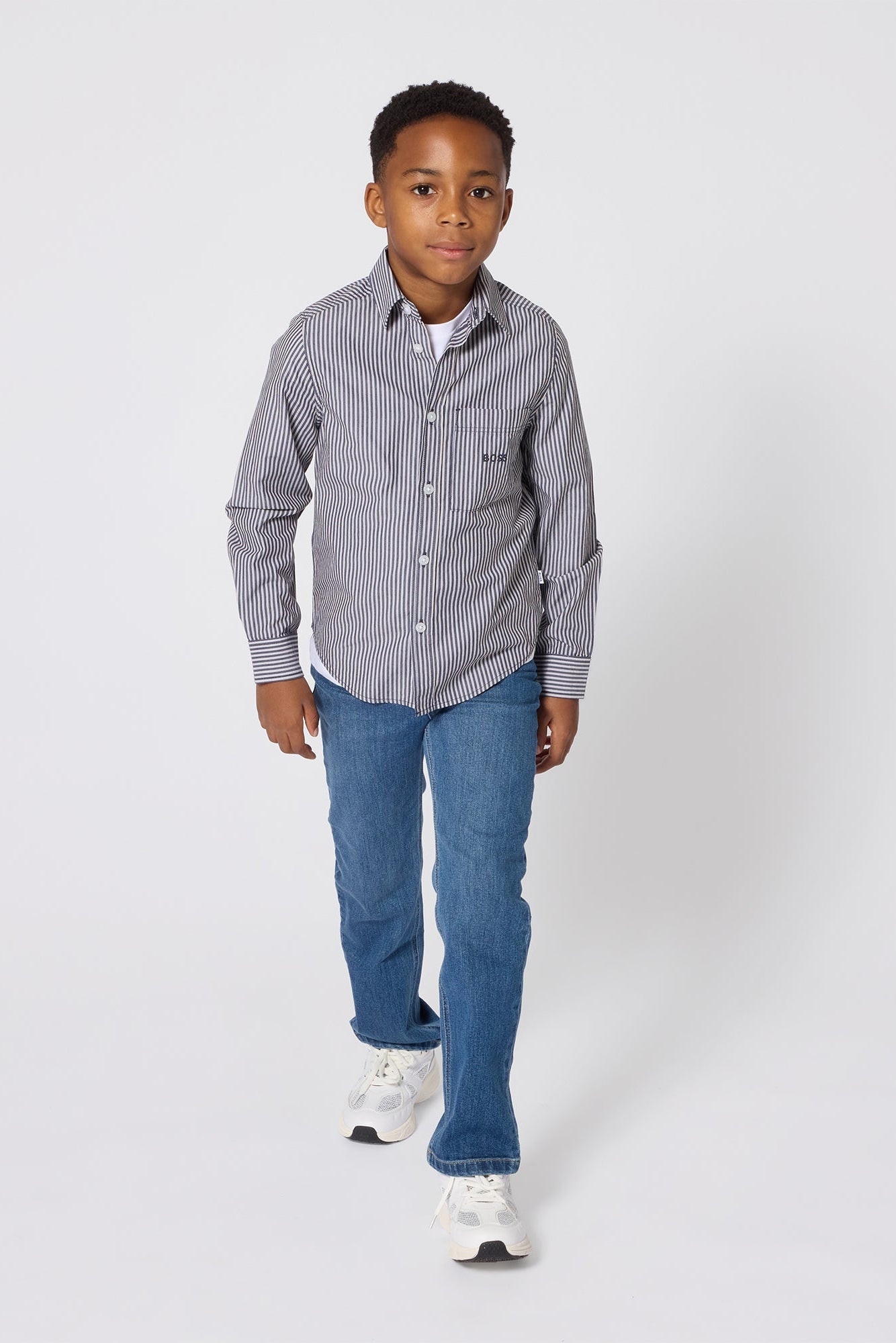 Hugo Boss Boys Long Sleeve Striped Button-Up Shirt with Embroidered Logo_ J53363