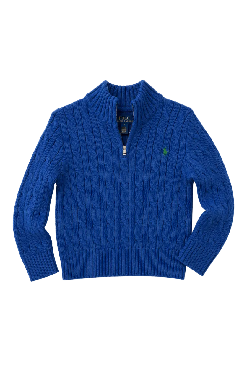 Blue cable knit sweater with a zipper on a white background