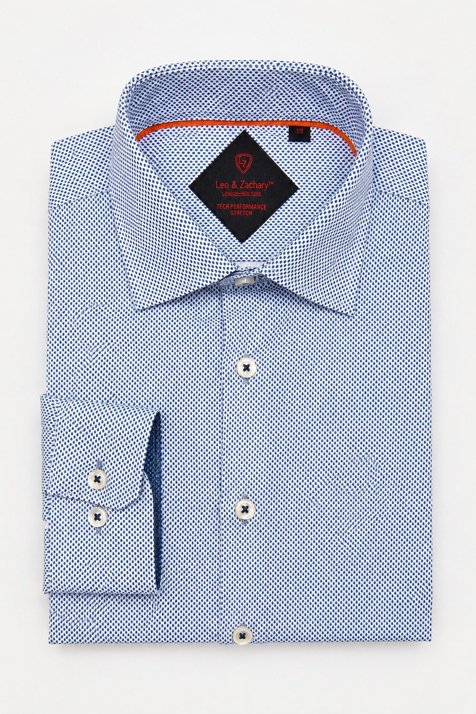 A folded light blue and white micro-patterned dress shirt with a pointed collar, button-down front, and a single-button cuff, displayed on a clean white background.