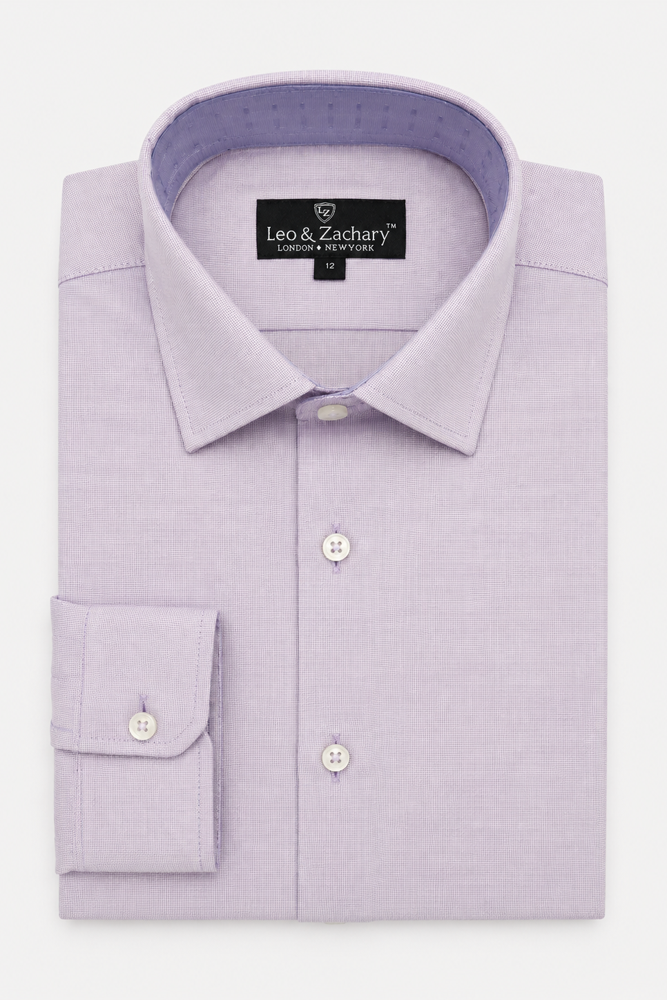A folded light purple dress shirt by Leo & Zachary, featuring a classic collar, button-down front, and a single-button cuff on a clean white background.