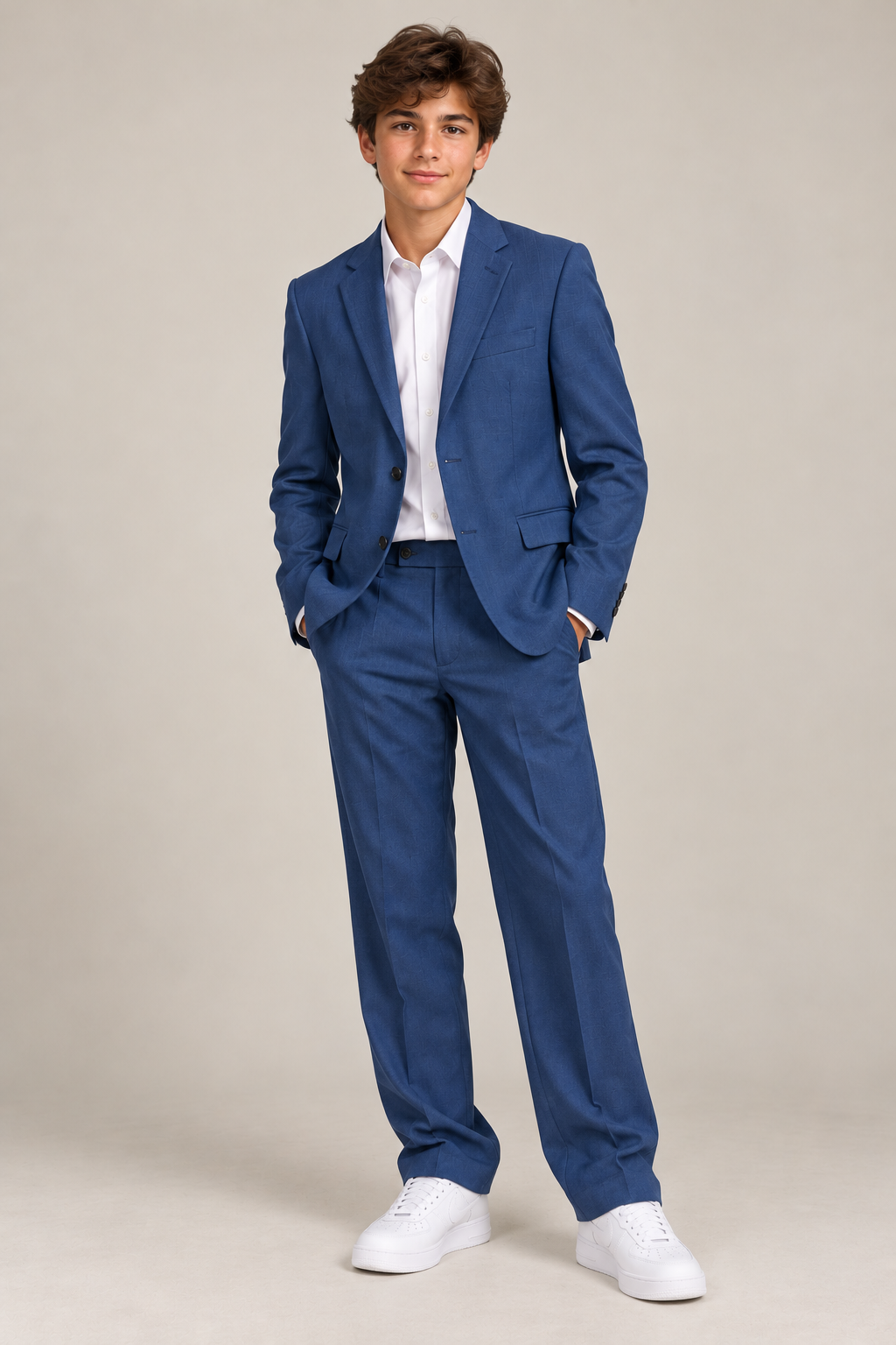 A young man wearing a blue two-piece suit with a white dress shirt and white sneakers, standing against a solid beige studio background.