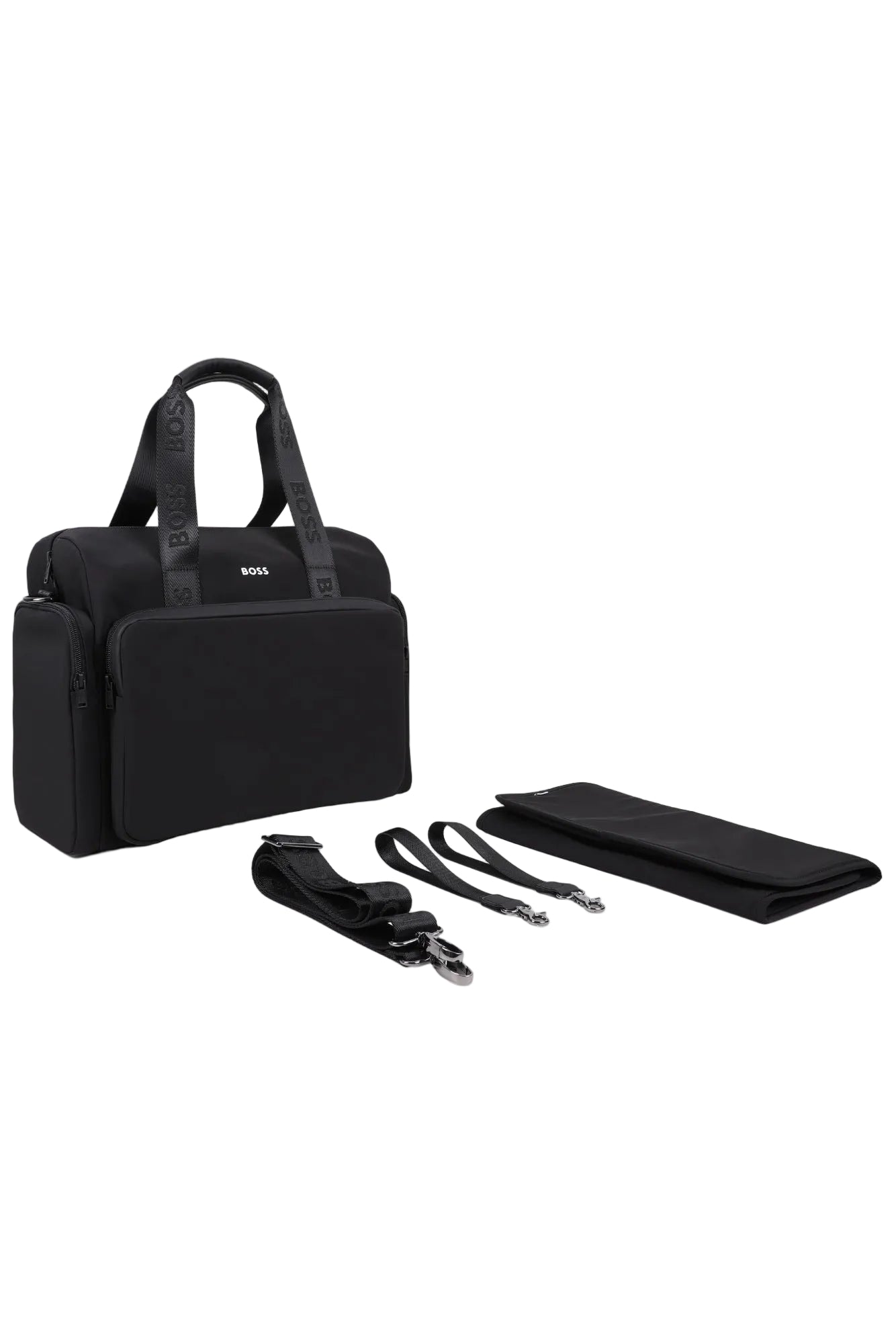 Black duffel bag with straps and pouch on a white background