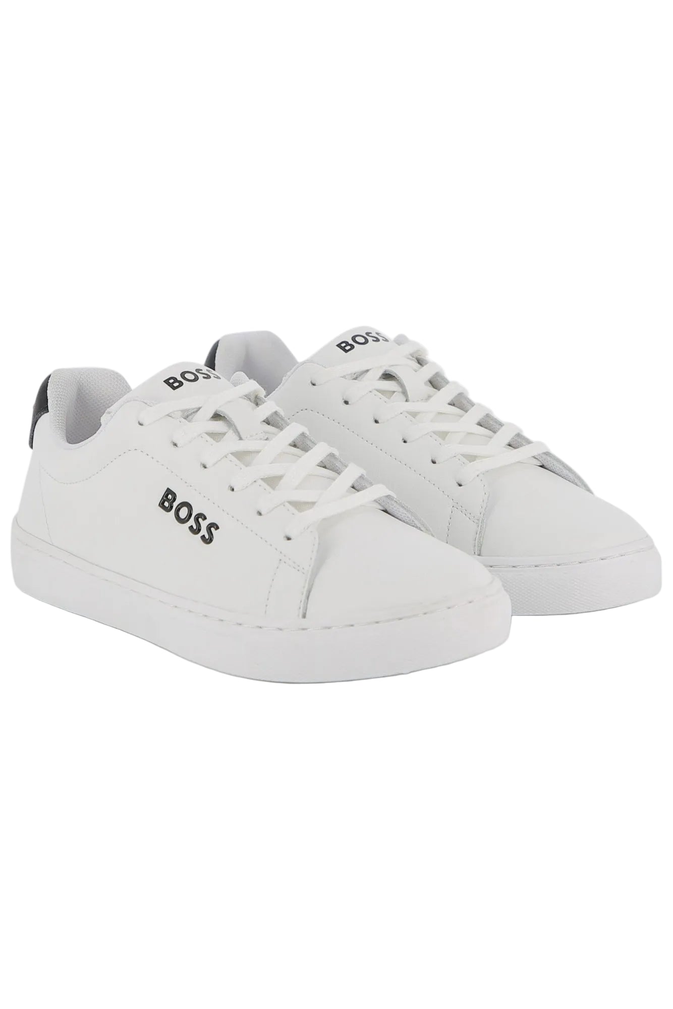 White sneakers with 'BOSS' branding on a white background
