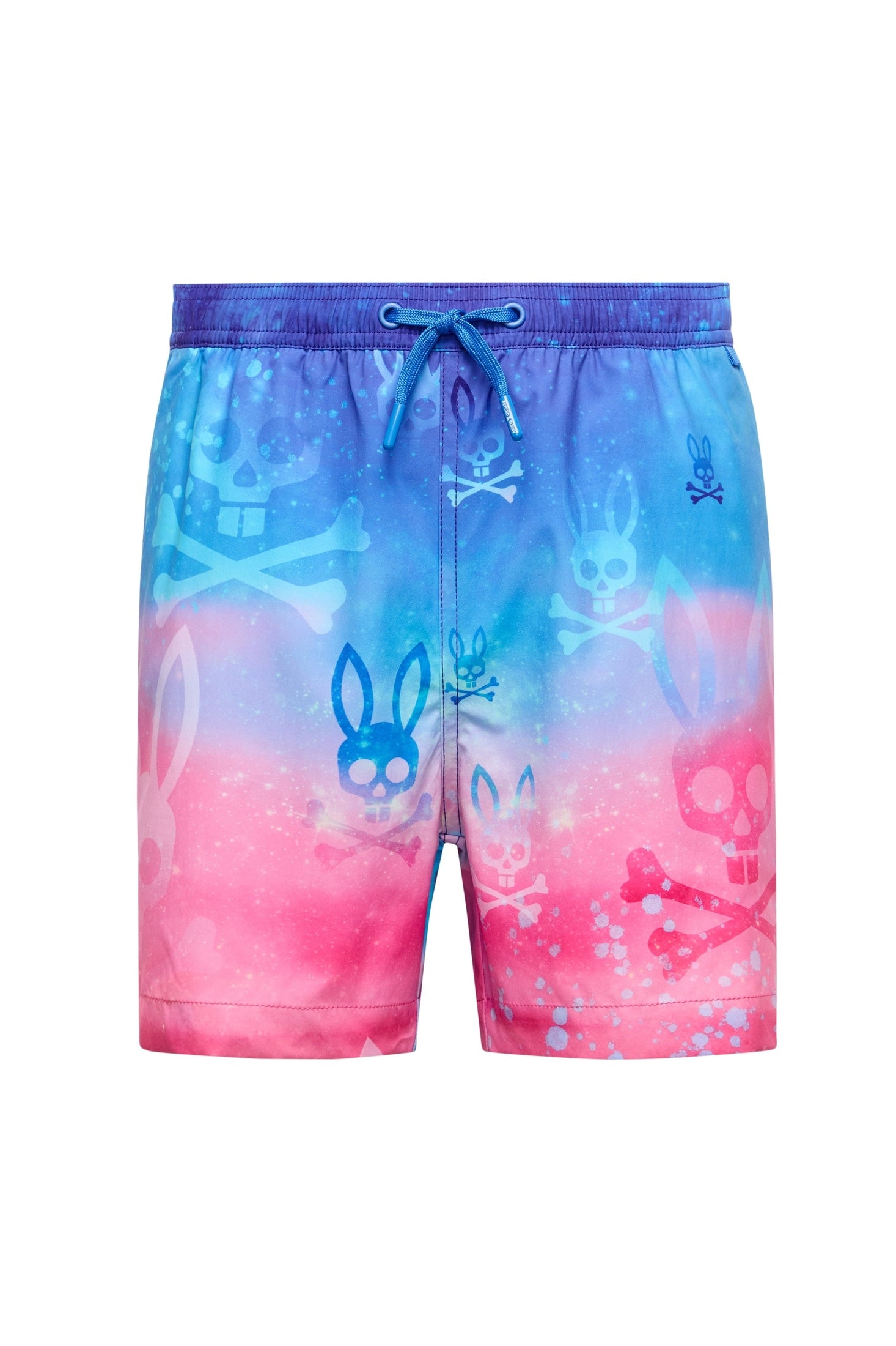 Colorful swim shorts with a abstract design on a white background
