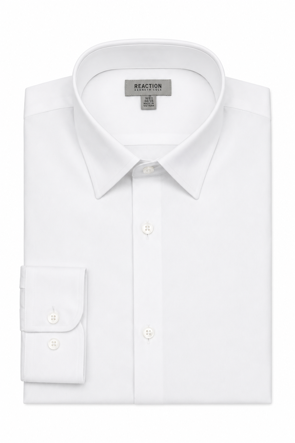 A folded white dress shirt with a pointed collar, button-down front, and a single-button cuff, shown on a plain white background. The inner neck label reads REACTION WEARABLE.