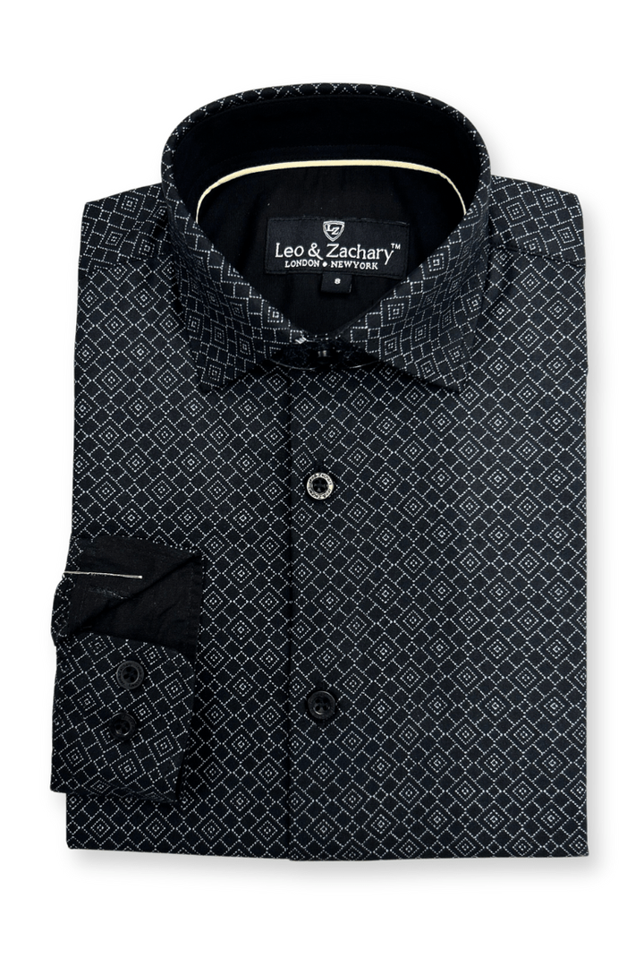 Leo & Zachary Boys Black Diamond Print Dress Shirt_ 5965 - NorthBoys