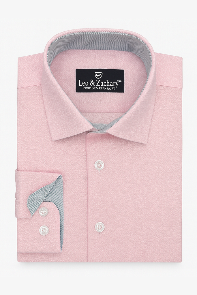 Pink dress shirt with gray interior and cuff, featuring the brand 'Leo & Zachary'.