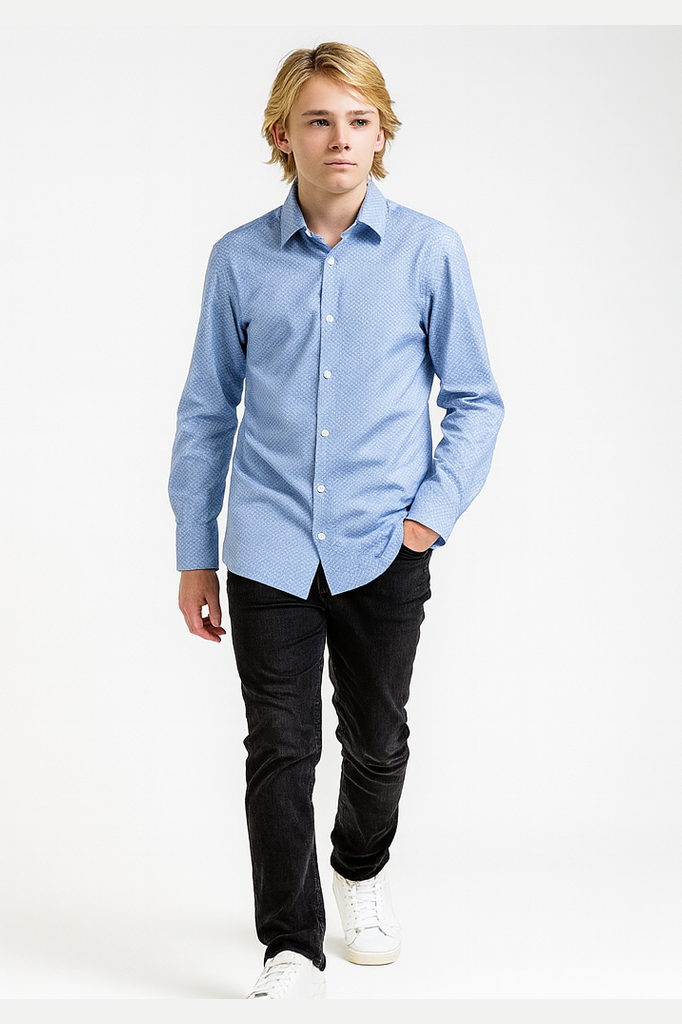 Person wearing a light blue patterned shirt and black pants on a white background