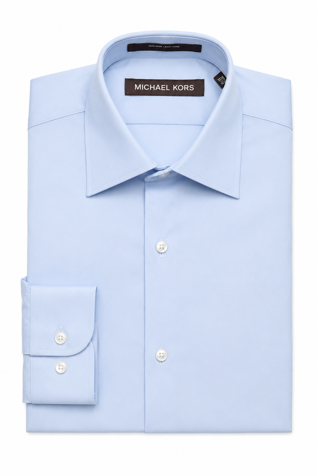 A light blue Michael Kors dress shirt folded neatly, showing the collar, front buttons, and a folded cuff on a plain white background.