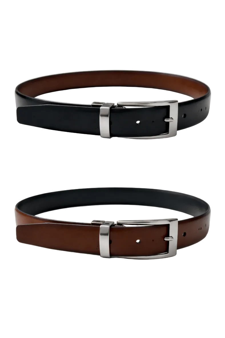 Two black leather belts with silver buckles on a white background