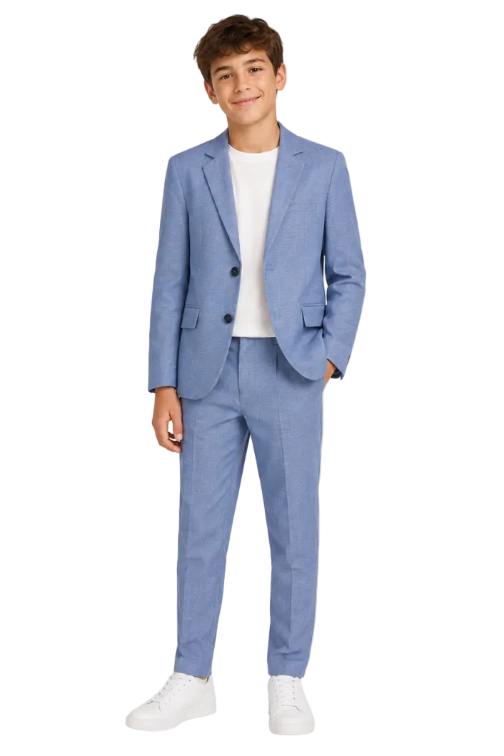 Person wearing a light blue suit with a white shirt on a plain background