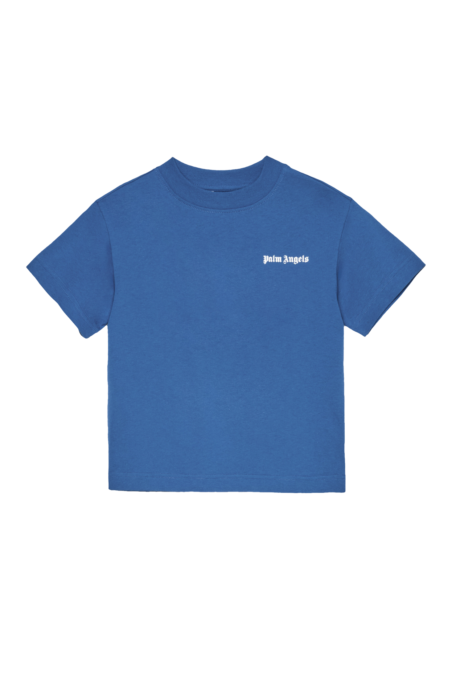 Blue t-shirt with a brand logo on a white background