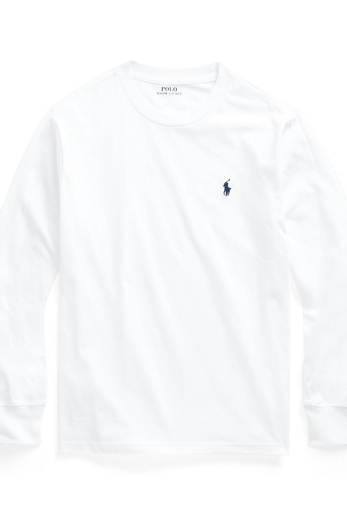 White long-sleeve shirt with a small logo on a white background