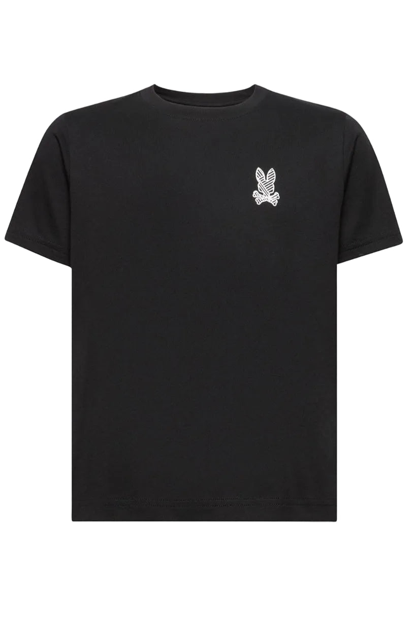 Black t-shirt with a white logo on a white background