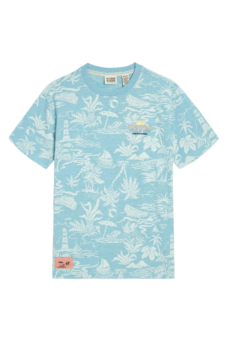 Light blue t-shirt with white pattern on a white background