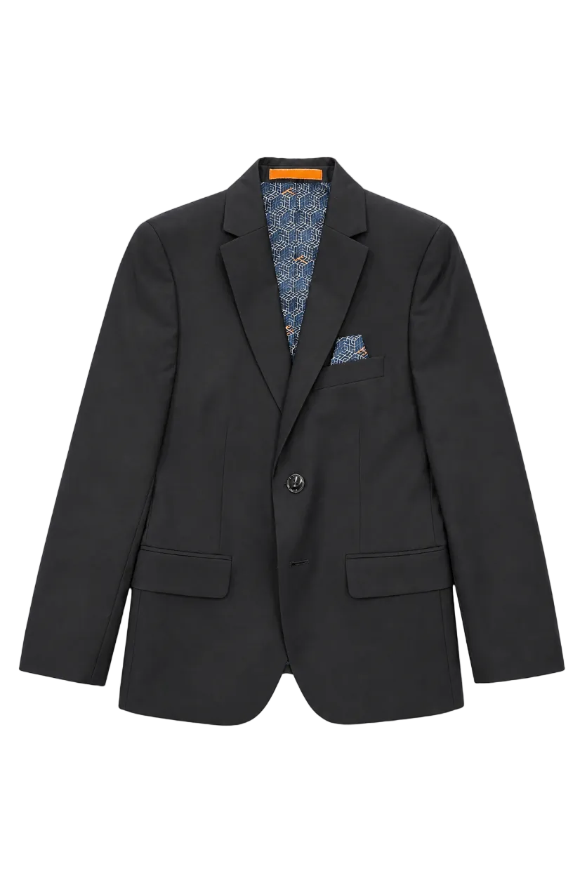 A black single-breasted blazer with notch lapels, flap pockets, and a patterned blue and gold pocket square, displayed against a solid white background.
