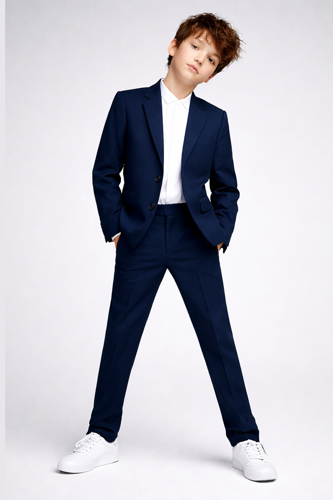 Person wearing a navy suit with white shoes on a plain background