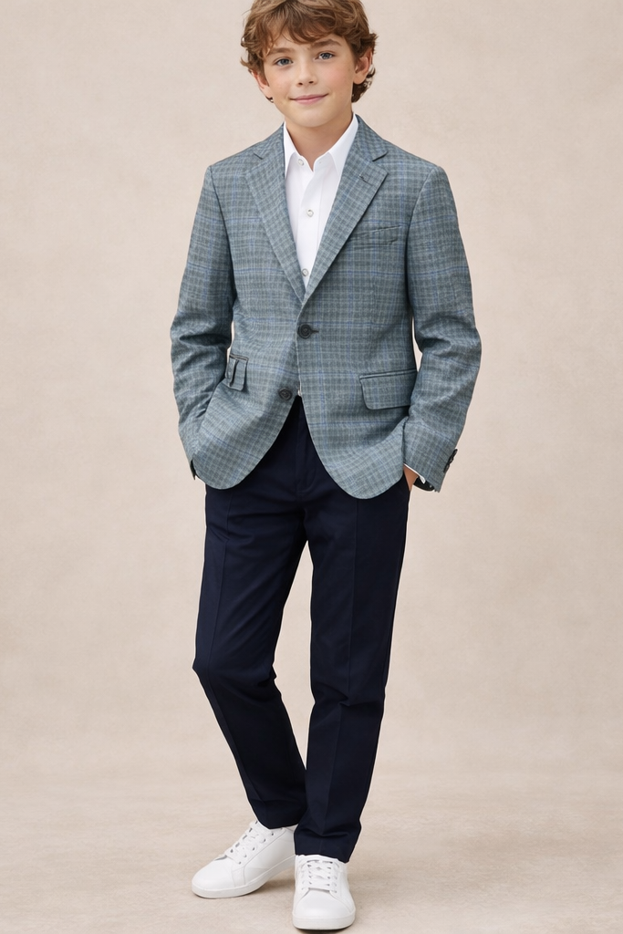 Young boy wearing a checkered blazer, white shirt, navy pants, and white shoes on a beige background