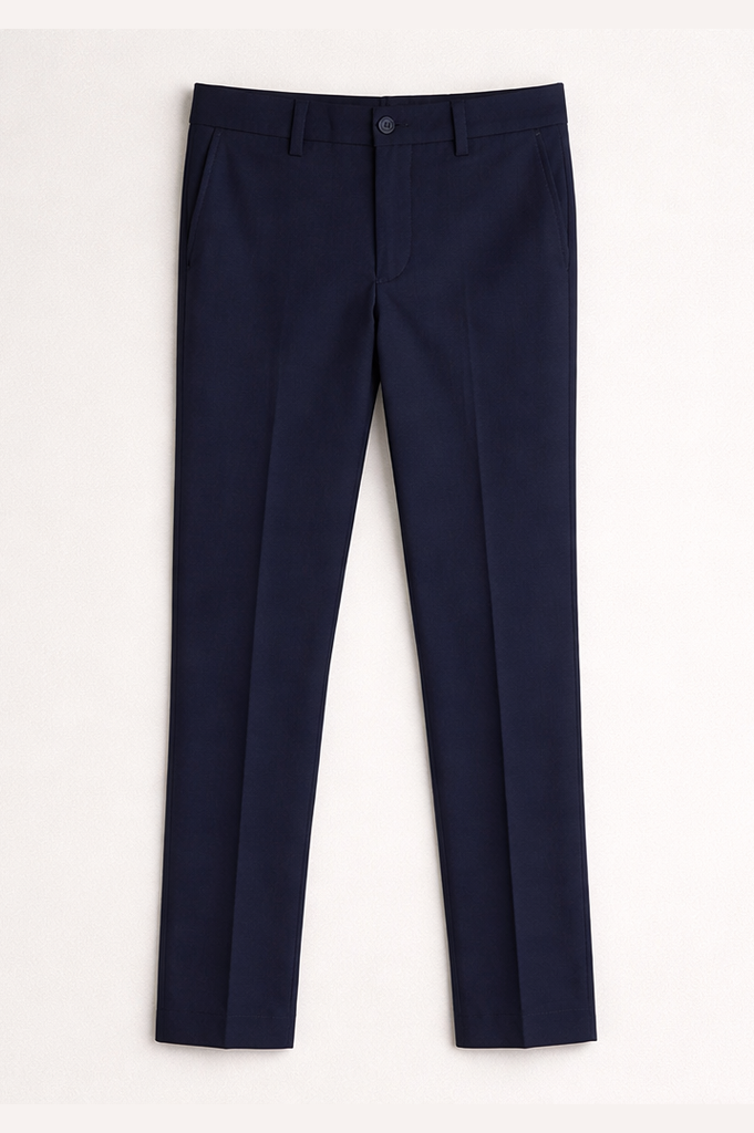 Navy blue dress pants on a white background