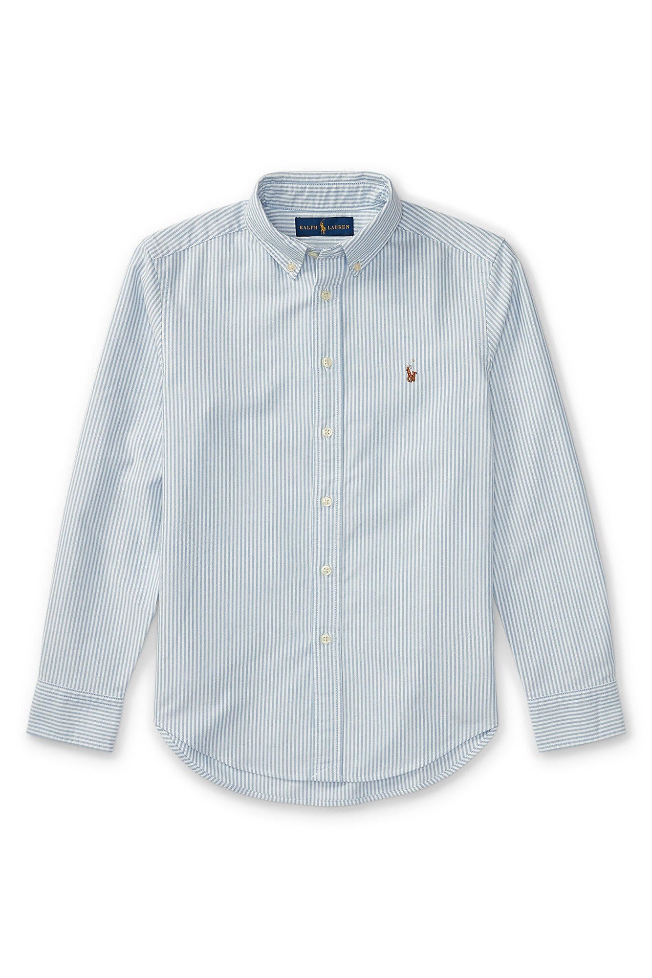 Light blue striped shirt with a brand logo on a white background