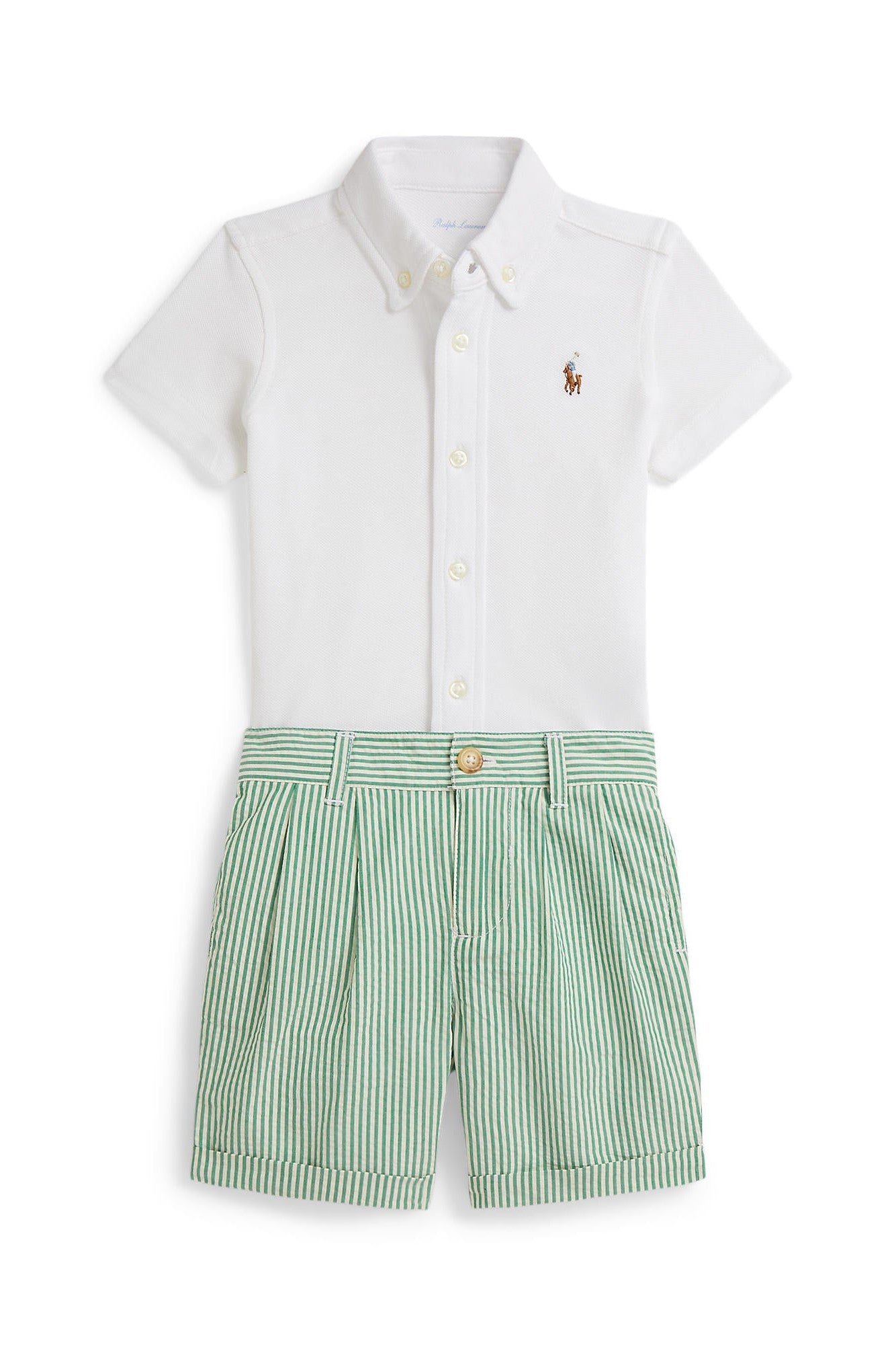 White shirt with a small logo and green striped shorts on a white background