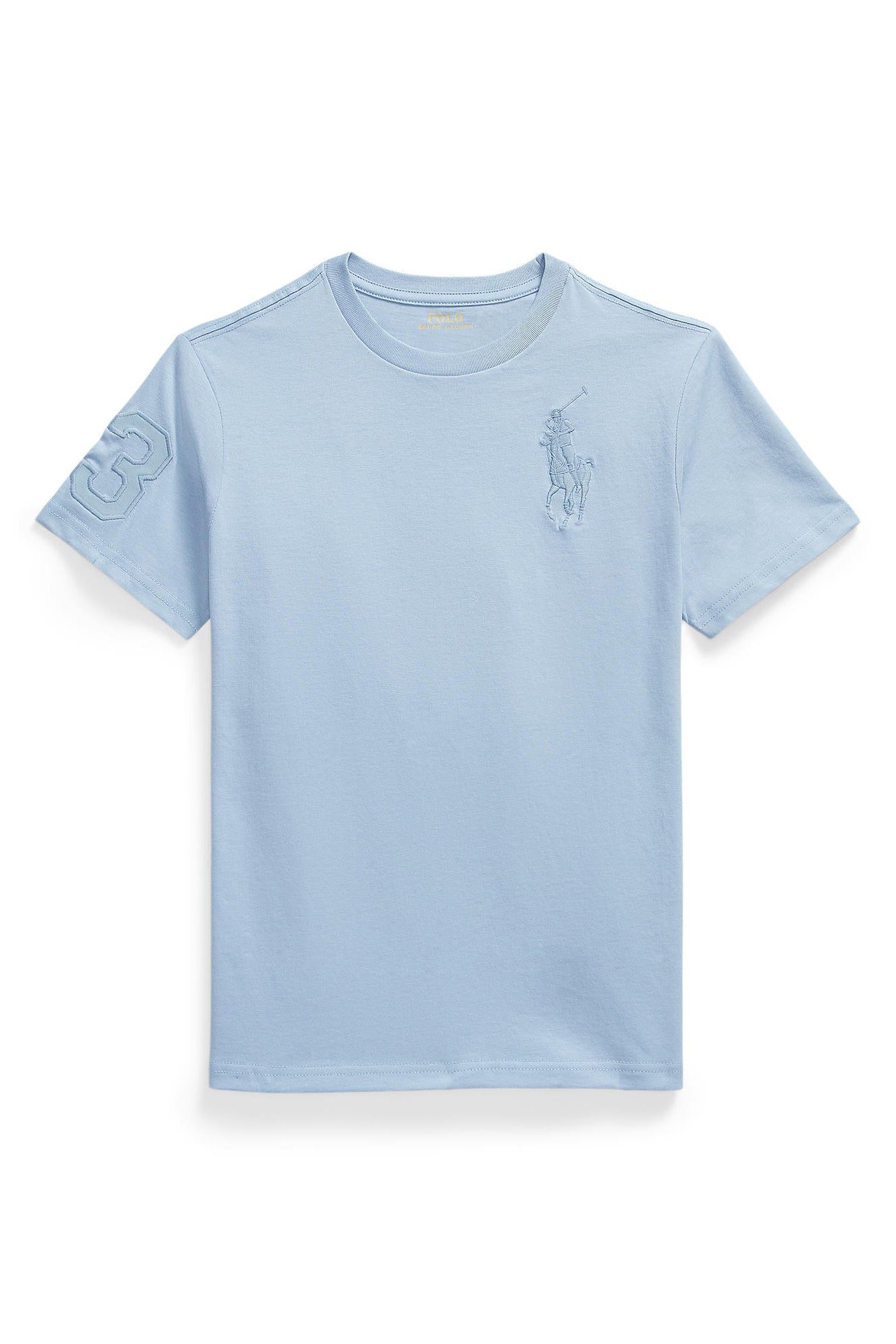 Light blue t-shirt with a small logo on a white background