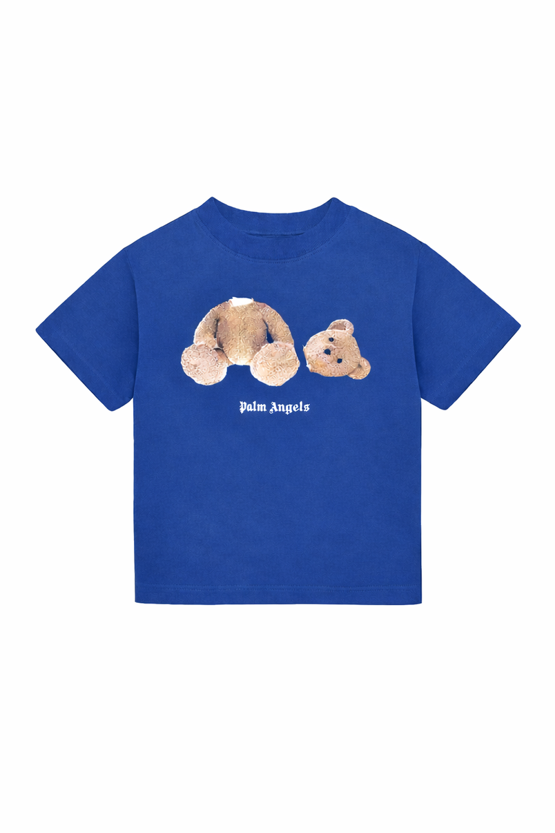 Blue t-shirt with teddy bear graphic and 'Palm Angels' logo on a white background