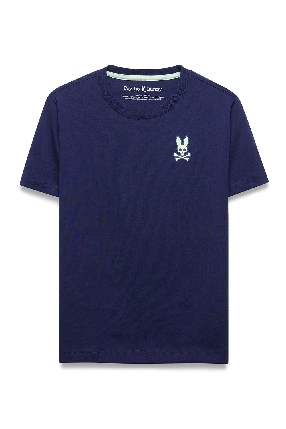 Navy blue t-shirt with a small logo on a white background