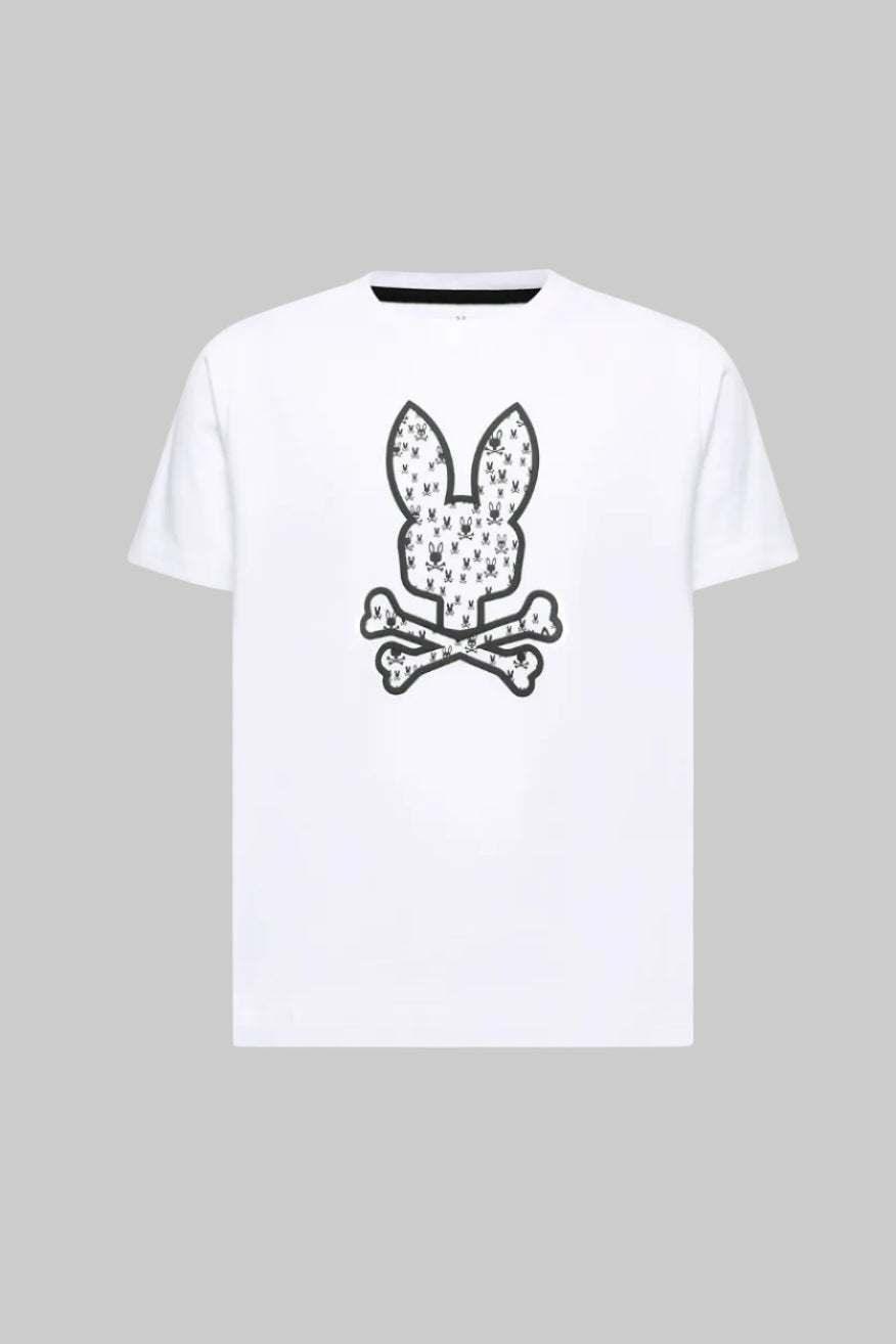 White t-shirt with black graphic design on a white background