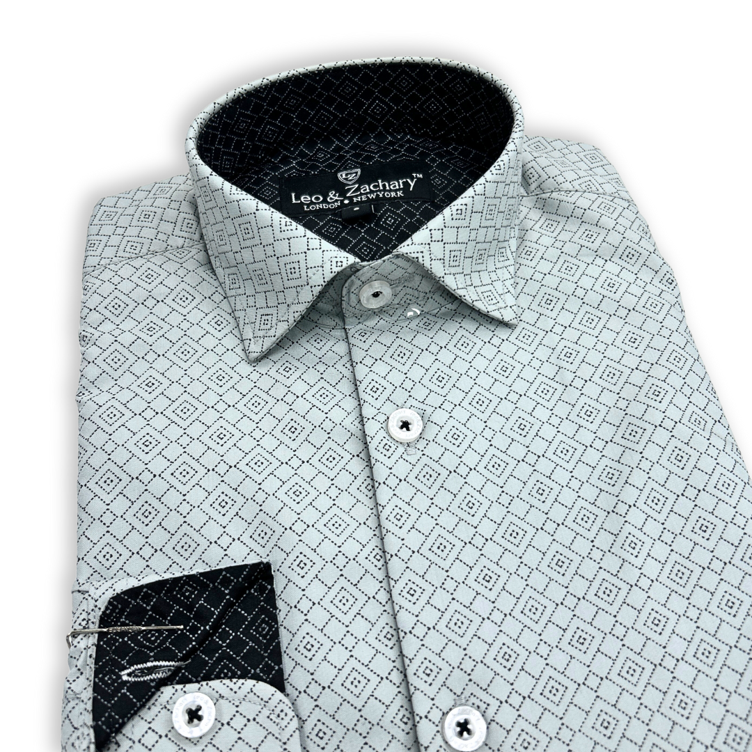Leo & Zachary Boys Grey Diamond Print Non-Iron Dress Shirt_ 5966