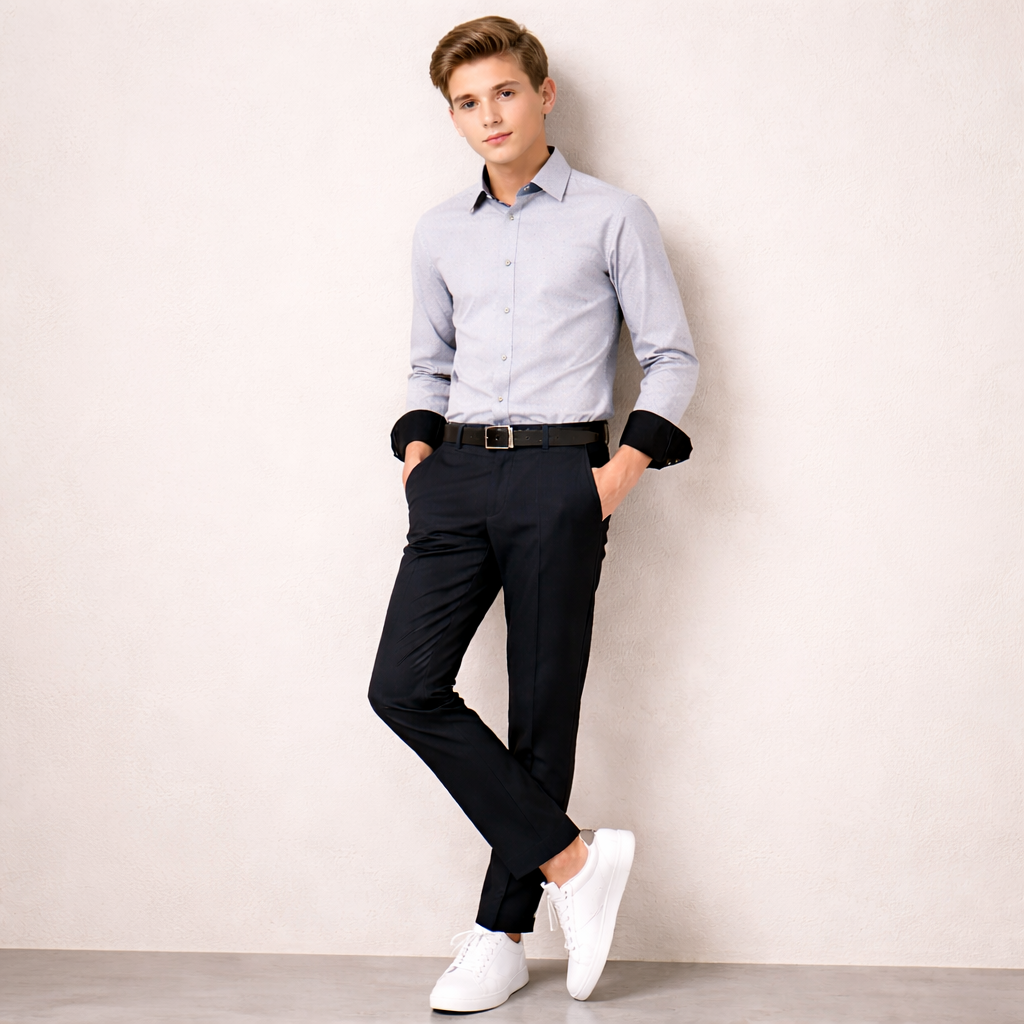 Boy wearing a light blue shirt, black pants, and white shoes against a plain background