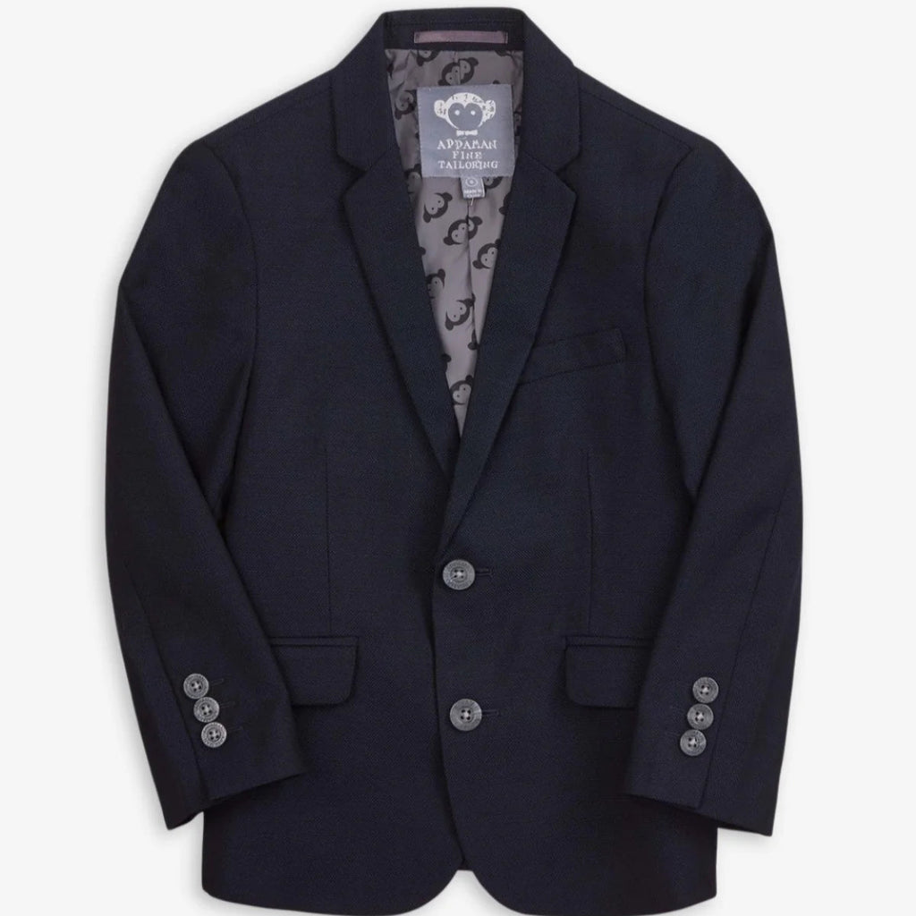 Navy blazer with patterned lining on a white background