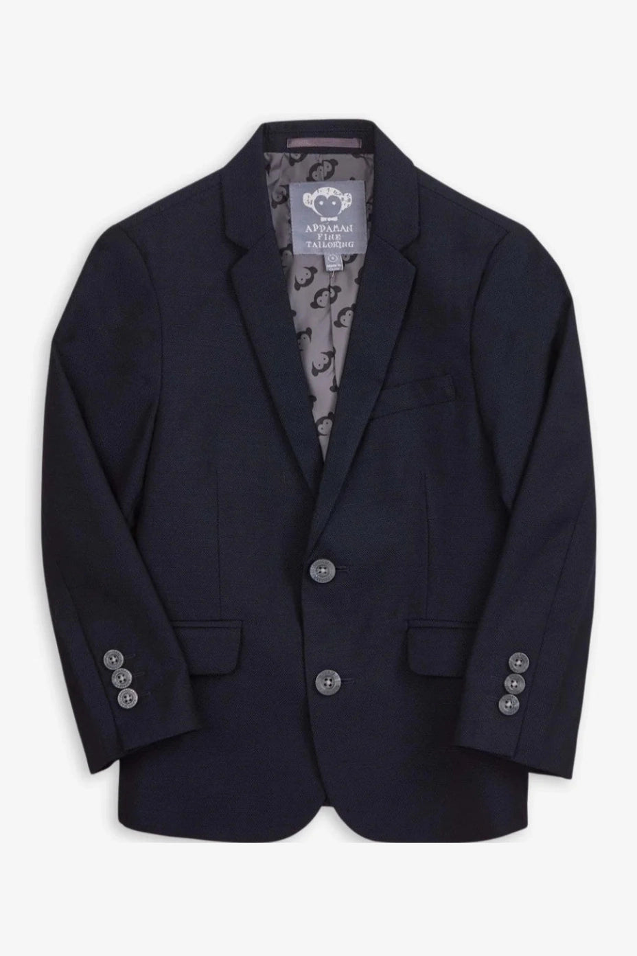 Navy blazer with patterned lining on a white background