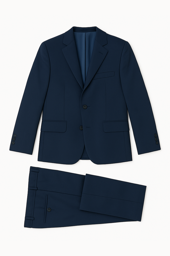 Navy blue suit jacket and pants on a white background