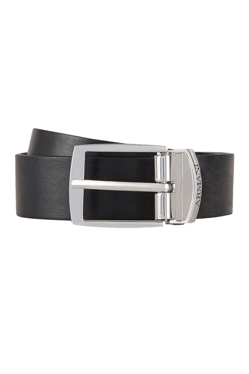 Black belt with silver buckle on a white background