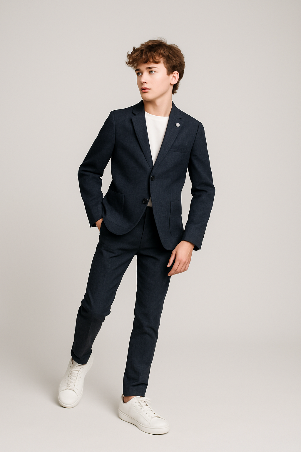 CloudCloth Boys Slim Fit Plaid Stretch Navy Suit