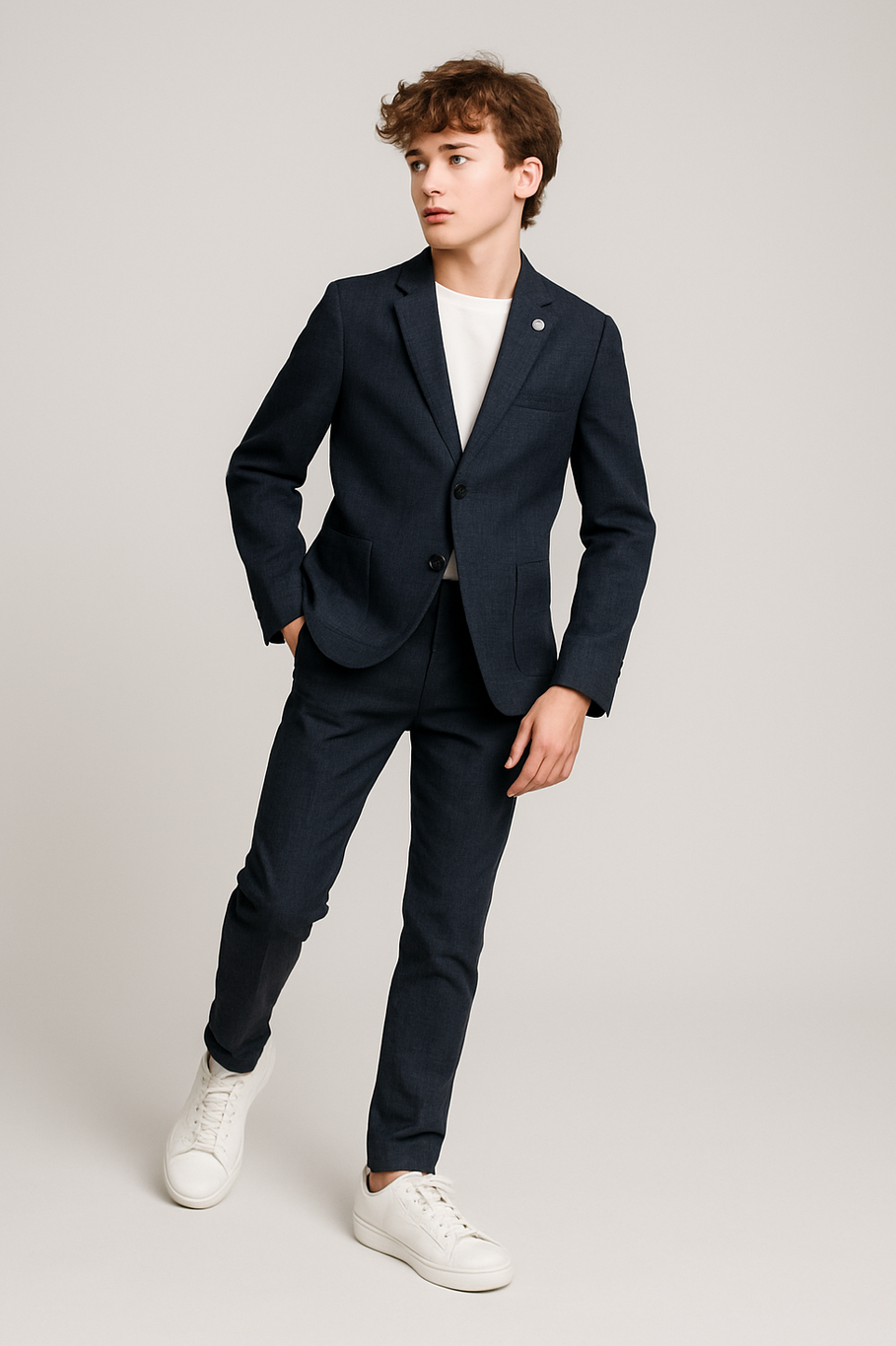CloudCloth Boys Slim Fit Plaid Stretch Navy Suit