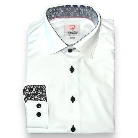 Leo & Zachary Boys White w/ Black Non-Iron Dress Shirt_ P5527