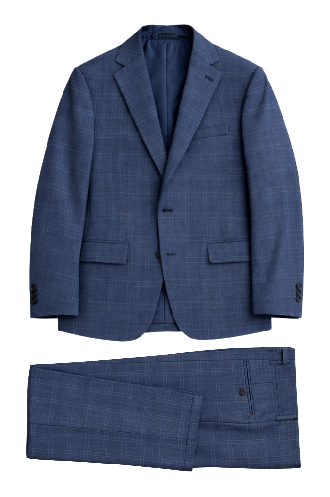 Blue checkered suit jacket and pants on a white background
