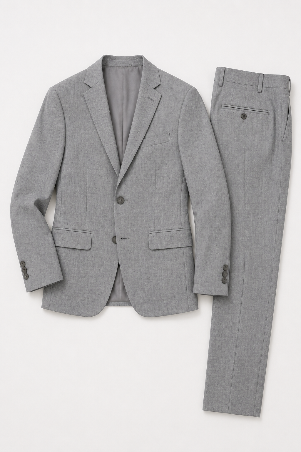 A light gray two-piece suit consisting of a two-button blazer and matching trousers, laid flat on a white background.