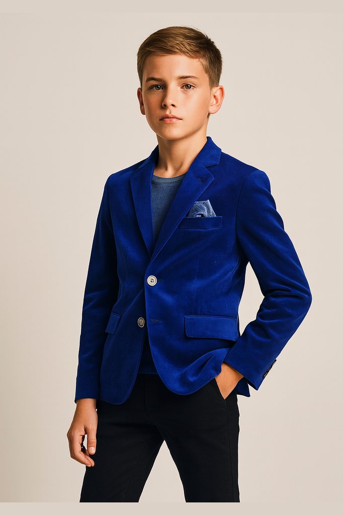 Young boy wearing a blue blazer on a plain background