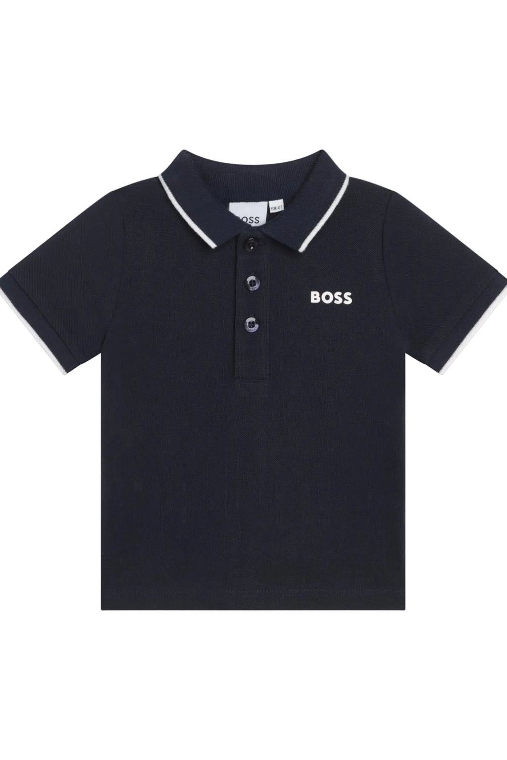 Navy blue polo shirt with 'BOSS' logo on a white background