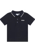 Navy blue polo shirt with 'BOSS' logo on a white background