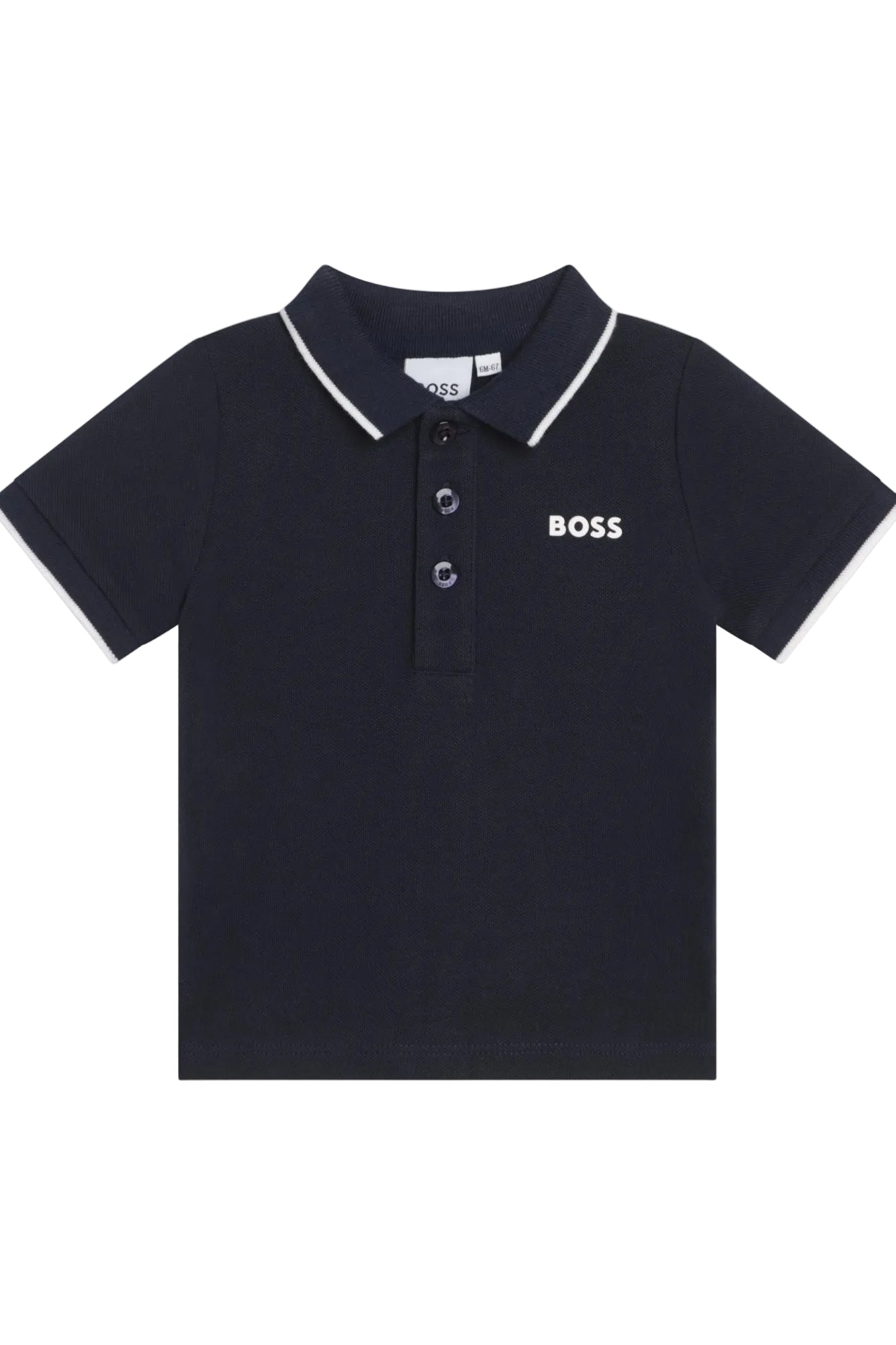 Navy blue polo shirt with 'BOSS' logo on a white background