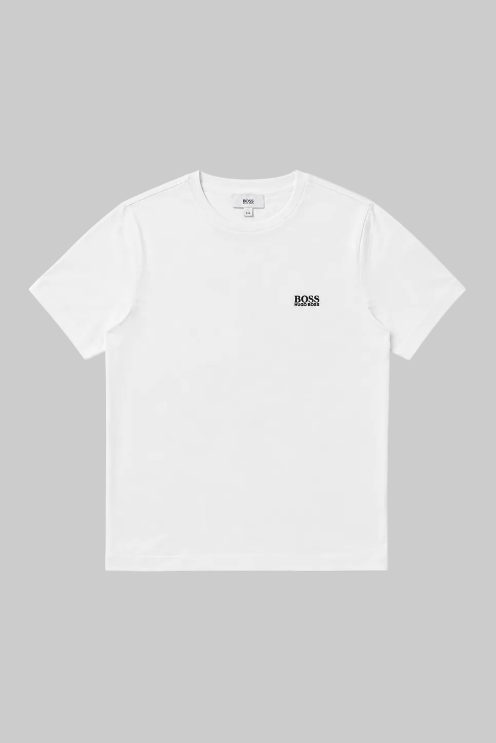A white short-sleeve crewneck t-shirt with a small black BOSS logo printed on the left chest, displayed flat against a light gray background.