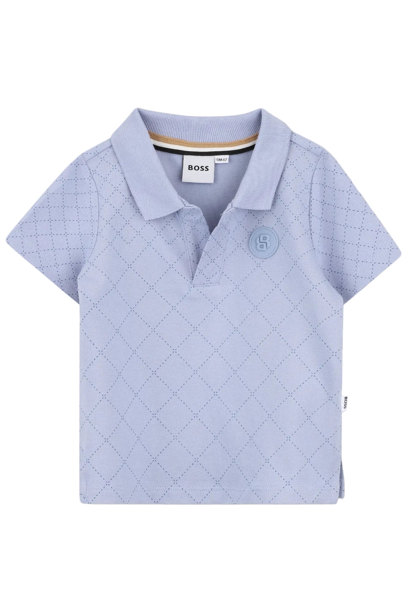Light blue quilted polo shirt with brand label on a white background