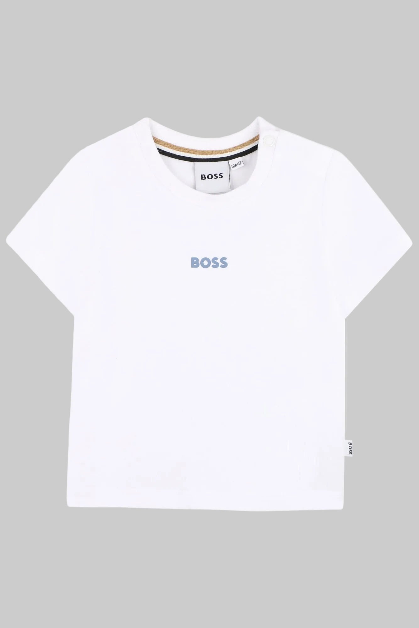 White t-shirt with blue logo on a white background